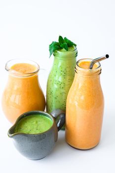 Seasonal Matcha green vegan smoothie with chia seeds and mint pumpkin carrot smoothie drink detox Breakfast. Clean eating, weight loss, healthy dieting food concept Fruit vegetable drink fitness