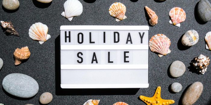 Lightbox with text HOLIDAY SALE, summer decorations Sale shopping concept. Mockup summer promotion advertising. Holiday. Sea shell stars. Online shopping