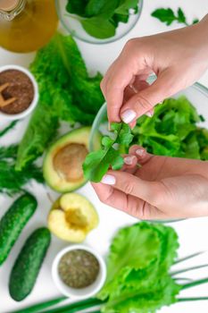 Woman cooking salad of fresh green vegetables and herbs. Cooking healthy diet or vegetarian food. Female hands cut salad surrounded by green vegetables. Step by step recipe. Healthy eating. Ingredients for salad. Pattern flat lay with healthy vegetarian meal ingredients. Raw food concept. A variety of organic fruits and vegetables with avocado. Vegan menu. Fresh spinach and green onion leaves.