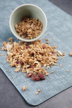 muesli chocolate flavor cereal breakfast in bowl .