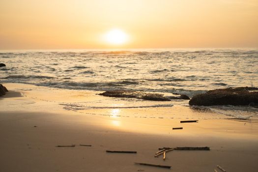 Sea landscape at sunset, stone coast Dramatic ocean background at evening dusk Almost night