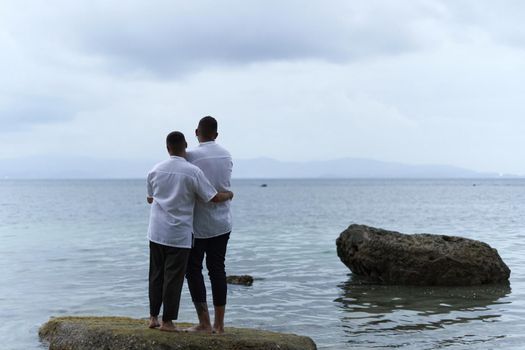 Back of a gay couple embraced on a rock looking to the horizon of the ocean in the evening