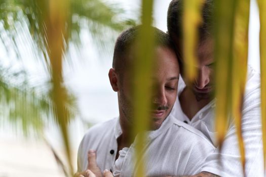 Selecgive focus on a homosexual couple cuddling tenderly in the leaves of a tropical tree
