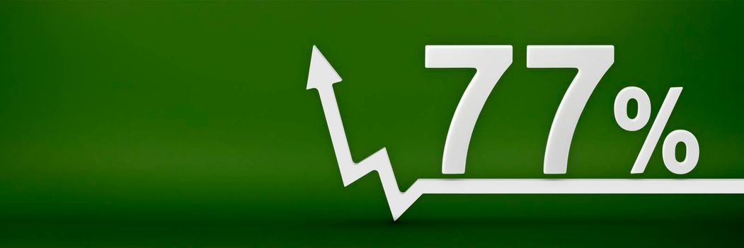 77 percent. The arrow on the graph points up. Rising prices, inflation, increase in income, increase in interest rates, taxes. 3d banner,seventy seven percent sign discount on a green background