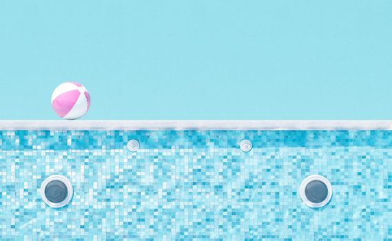3D illustration of striped beach ball placed on edge of empty swimming pool against blue background during summer vacation