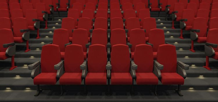 3D illustrations of rows of empty red chairs located in movie theater auditorium