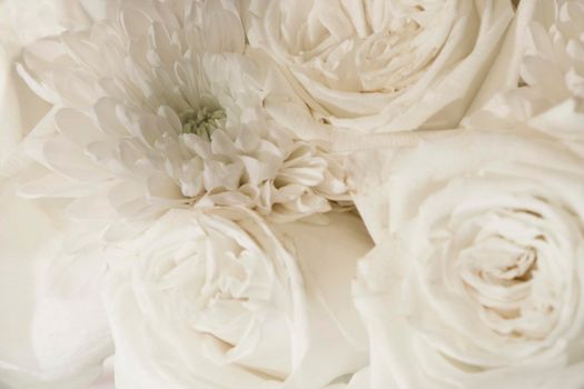 white flowers background. close up bouquet of white roses and chrysanthemums. Summer, spring or wedding concept. minimalism. soft focus.
