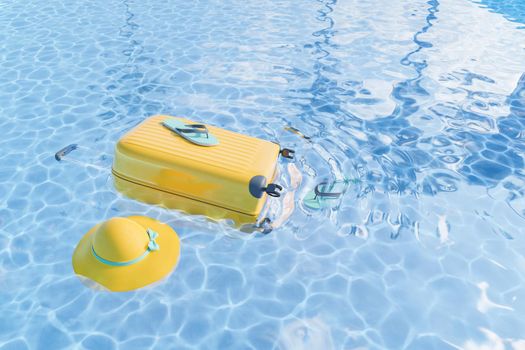 3D illustration of yellow hat and suitcase with flip flop floating on clean rippling water of pool during summer vacation