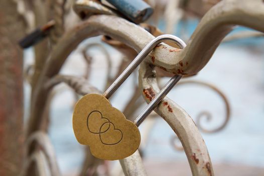 Padlock with engraving of two hearts on metal tree. Selective focus on padlock
