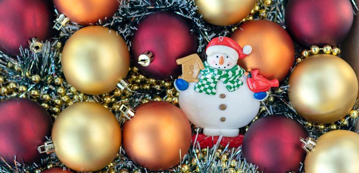 banner with Snowman with gold and red Christmas balls. Christmas background. New Year or Xmas concept. Top view