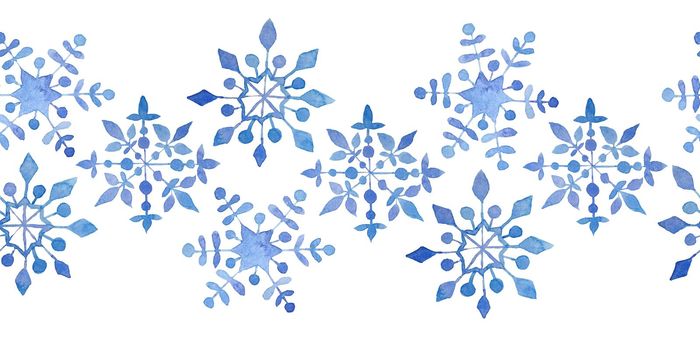 Watercolor hand drawn seamless horizontal border blue elegant snowflakes for Christmas new year design wrapping paper textile. Electric blue snow frost pastel invitation celebration. Winter background