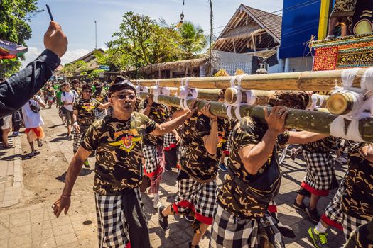 Ubud, Bali, Indonesia - April 22, 2019 : Royal cremation ceremony prepation. Balinese hindus religion procession. Bade and Lembu Black Bull symbol of transportation for the spirit to the heaven.