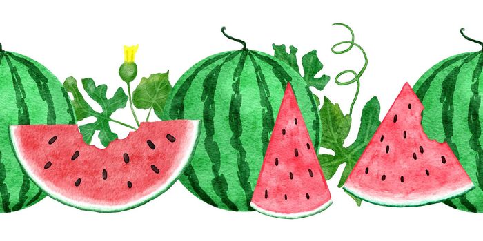 Watercolor hand drawn seamless horizontal border with red green watermelon, summer fruit seeds slices. Vegetarian vegan healthy food frame, tropical jungle vacation holiday concept