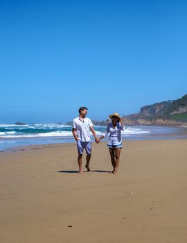 A panoramic view of the lagoon of Knysna, South Africa. beach in Knysna, Western Cape, South Africa. couple man and woman on a trip at the garden route