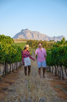 Vineyard landscape at sunset with mountains in Stellenbosch, near Cape Town, South Africa. wine grapes on the vine in a vineyard, couple man and woman walking in Vineyard in Stellenbosch South Africa