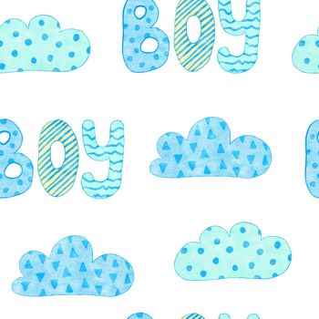 Watercolor hand drawn seamless pattern of blue boy baby shower fabric print. Pastel nursery stars rainbow balloons clouds. Cute kawaii birthday invite invitation illustration design transport car