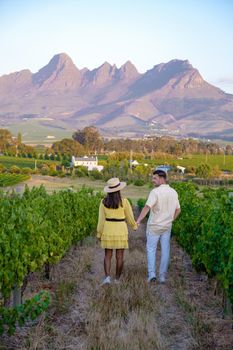 Vineyard landscape at sunset with mountains in Stellenbosch, near Cape Town, South Africa. wine grapes on the vine in a vineyard, couple man and woman walking in Vineyard in Stellenbosch South Africa