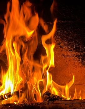 Flames of fire on a black background. Burning wood in the fireplace