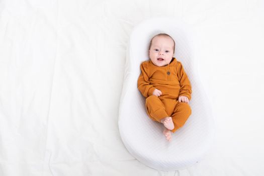 The baby is lying in a cocoon of copy space . The baby is 0-3 months old. A contented infant. An article about choosing a cocoon for newborns. An article about the benefits of cocoon. An article about colic . White background. High quality photo