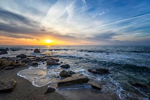 Superb sea landscape with colorful sunset or sunrise. Horizontal view