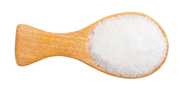 The monosodium glutamate in wood spoon on white background, Save Clipping path.