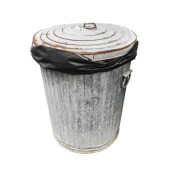 The Rusty old trash with black plastic bag can isolated on white with a clipping path.