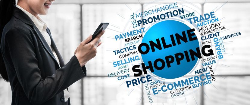 Online shopping and Internet Money Payment Transaction Technology. Modern graphic interface showing e-commerce retail store for customer to purchase product on the website and pay by online transfer.