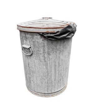 The Rusty old trash with black plastic bag can isolated on white with a clipping path.