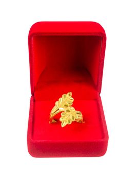 The Leaf shape gold ring in red velvet box isolated on white background, Save with clipping path.