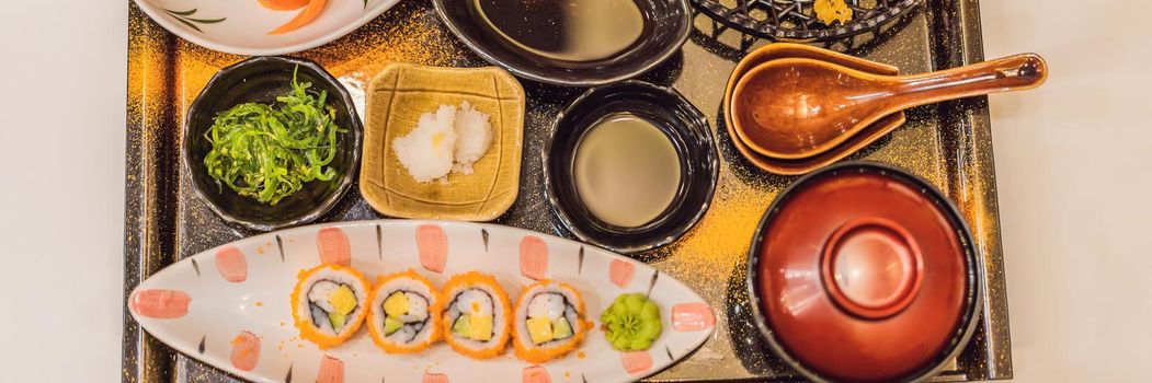 Japanese bento set. Food at a Japanese restaurant. BANNER, LONG FORMAT