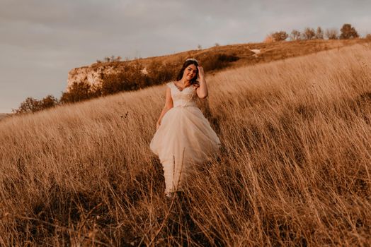 beautiful woman brunette bride in white dress and suit are walking on tall grass in field in summer