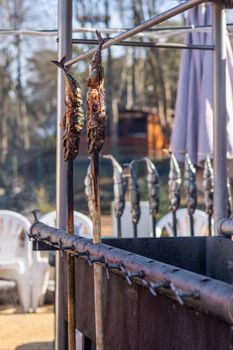 Grilled mackerel fish is put on a stick on the grill. Fish Festival in Svetlogorsk Raushen, Kalinigrad region, Russia, near the Baltic sea. High quality photo.