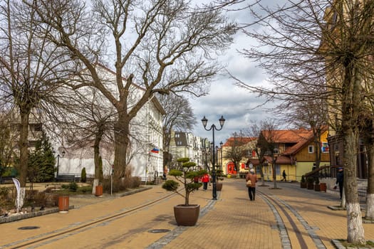 Zelenogradsk, Kaliningrad region, Russia - april 04 2022: Sight. Picturesque central street with old houses in European style