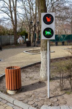 Pet friendly traffic light for cats is on the street of the city in Zelenogradsk, Kaliningrad region
