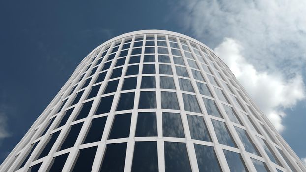 Blue skyscraper. Glass mirror of the facade of buildings. 3D render of a skyscraper, modern architecture.