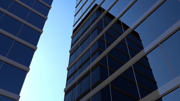 Blue skyscraper. Glass mirror of the facade of buildings. 3D render of a skyscraper, modern architecture.