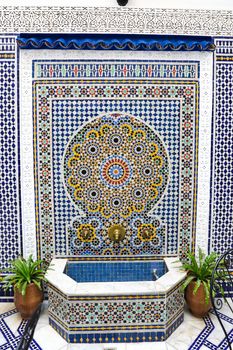 Blue Tiled Fountain in a Building, Fez City, Morocco