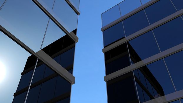 Blue skyscraper. Glass mirror of the facade of buildings. 3D render of a skyscraper, modern architecture.