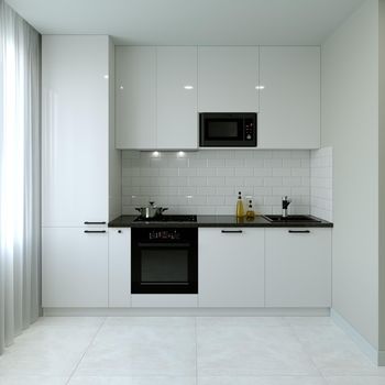 Kitchen interier. 3D rendering of a bright kitchen. Kitchen with an empty wall. Accessories for the catalog.