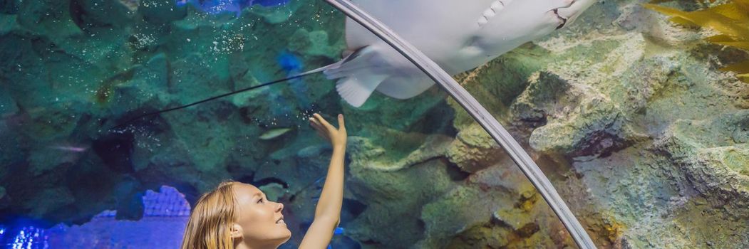 Young woman touches a stingray fish in an oceanarium tunnel. BANNER, LONG FORMAT