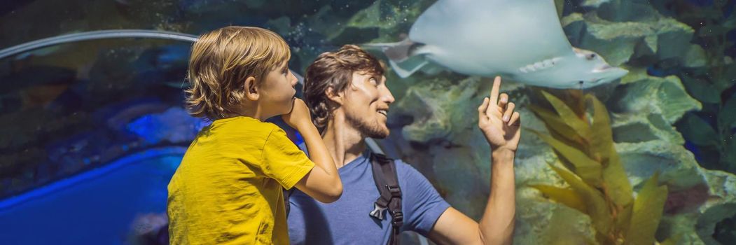 Father and son looking at fish in a tunnel aquarium. BANNER, LONG FORMAT
