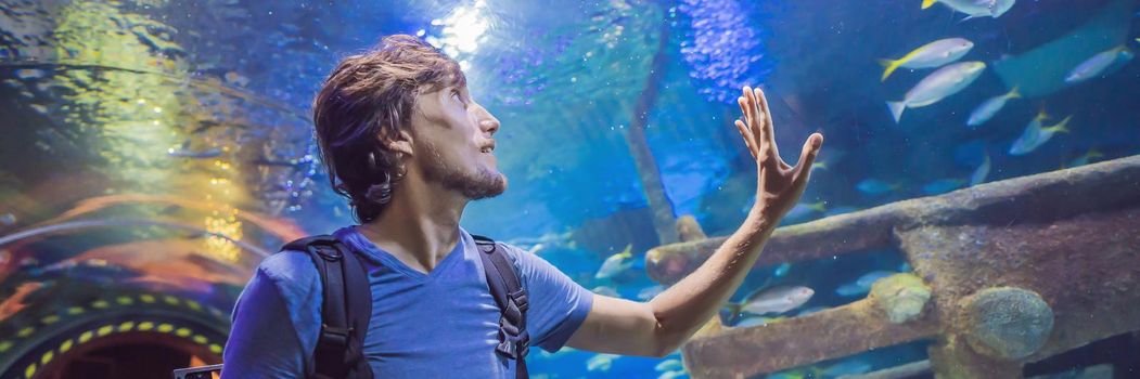 curious tourist watching with interest on shark in oceanarium tunnel. BANNER, LONG FORMAT