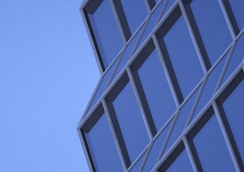 Blue skyscraper. Glass mirror of the facade of buildings. 3D render of a skyscraper, modern architecture.