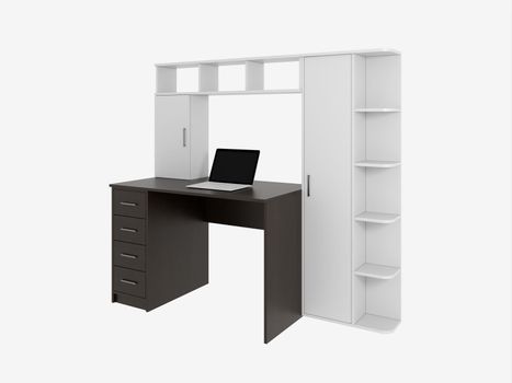 3d rendering of a desktop with a computer. Model of a computer table on a white background.