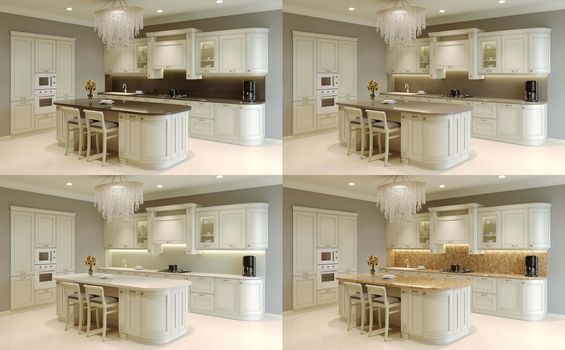 Kitchen in modern style in pastel colors. A set of kitchen aprons made of stone. Pastel kitchen with island and chandelier. 3D rendering.