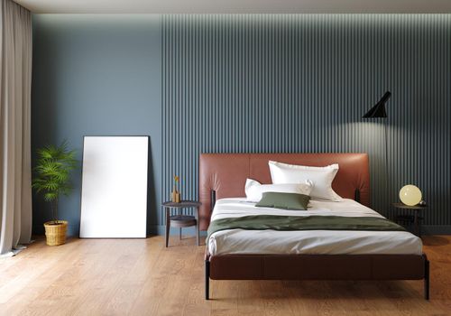 3d rendering of a bedroom in cozy colors. Bright room design. Catalog interior.