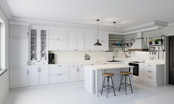 Modern style kitchen with light counter top with sink, hob, oven, kitchen utensils. There are drawers under the table top. 3D rendering.