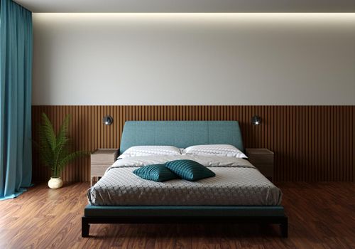 3d rendering of a bedroom in cozy colors. Bright room design. Catalog interior.