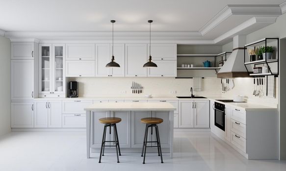 Modern style kitchen with light counter top with sink, hob, oven, kitchen utensils. There are drawers under the table top. 3D rendering.