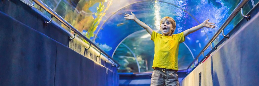 aquarium and boy, visit in oceanarium, underwater tunnel and kid, wildlife underwater indoor, nature aquatic, fish, tortoise. BANNER, LONG FORMAT